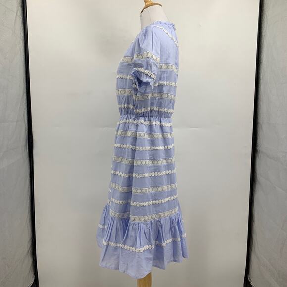 J Crew Dress Womens 6 Sky Blue White Cotton Puff Sleeve Daisy Chain Flounce Hem - Picture 3 of 12